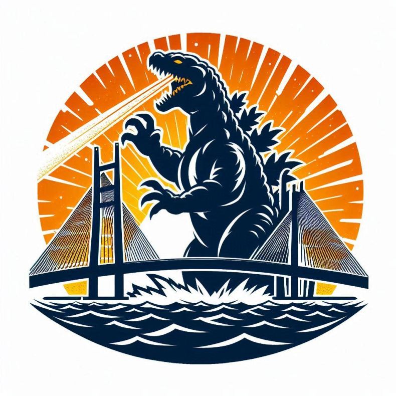 St Petersburg Monsters Logo. A giant lizard which is most definitely not Godzilla breathes fire as it attack the Sunshine Skyway Bridge.Behind it is the setting sun.